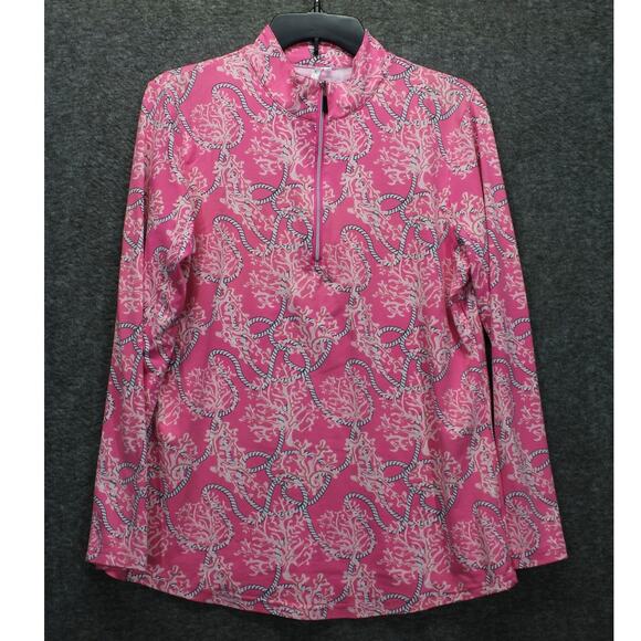 Lulu-B Tops - Lulu B Quarter Zip Top Small Coral Print Pink Stretch Preppy Golf